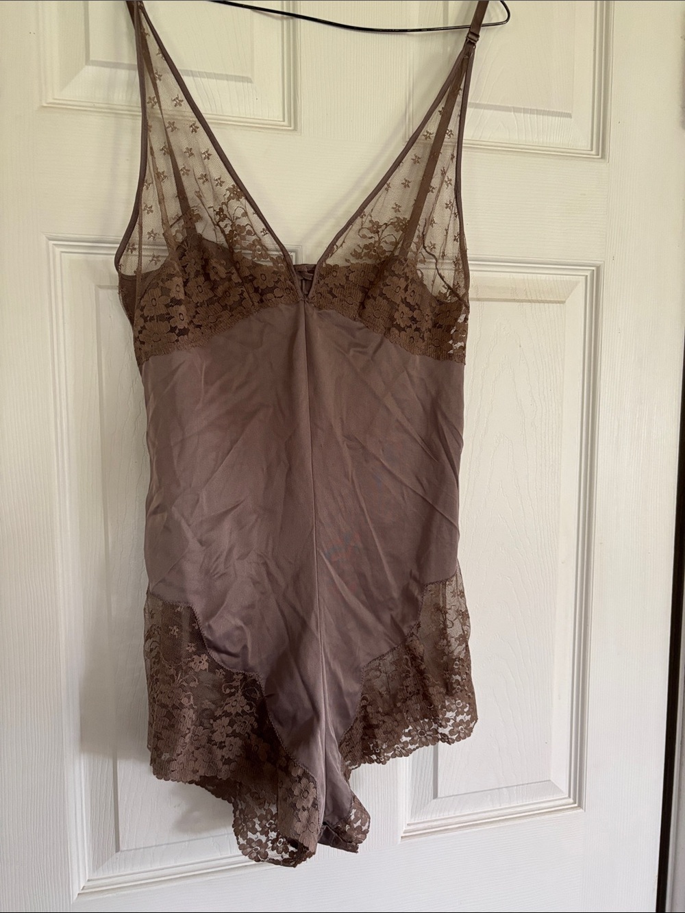 Chic Lace-Trim Satin Chemise Bodysuit in Brown